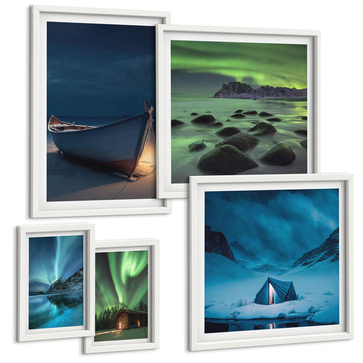 BILDER SET 5er Set - 50x50 cm & 20x30 cm & 40x60 cm Weißer Rahmen - Winterlandschaften, Nordlichter, Berge - Weiß, Kunststoff (40/60cm) - TULUP