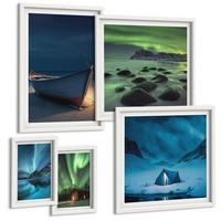 BILDER SET 5er Set - 50x50 cm & 20x30 cm & 40x60 cm Weißer Rahmen - Winterlandschaften, Nordlichter, Berge - Weiß, Kunststoff (40/60cm) - TULUP
