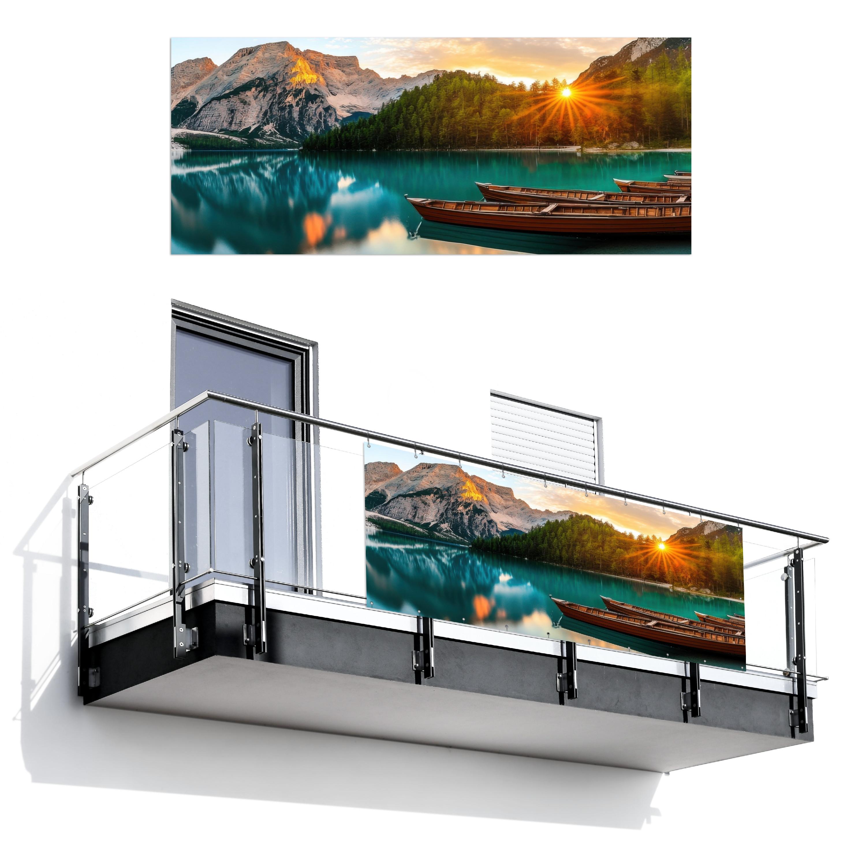 BALKON-SICHTSCHUTZ See - Berge - Sonnenuntergang - Boot Balkon Deko 300x130 cm - Petrol, Kunststoff (300/130cm) - MuchoWow