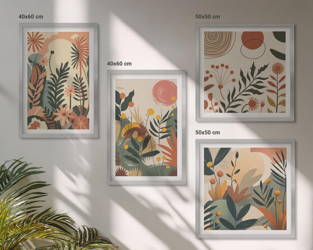 BILDER SET 4er Set - 50x50 cm & 40x60 cm Silberner Rahmen - Pastellfarbene Pflanzenmuster - Silberfarben, Kunststoff (50/50cm) - TULUP