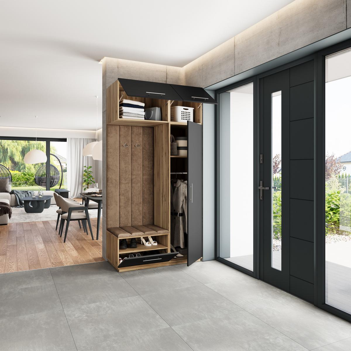 GARDEROBENSCHRANK REMA 120/240/60 cm Modern Garderobe-Set Eiche Wotan - Eiche Wotan/Schwarz, Holzwerkstoff (120/240/60cm) - MASSENO