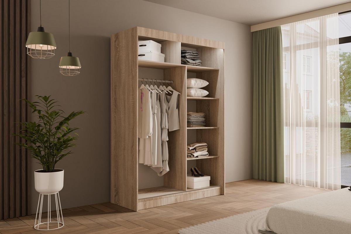 KLEIDERSCHRANK mit LED, Lamel-Schiebetüren VILANv2 - 120 cm Sonoma Eiche + Lamelle Eiche Wotan - Eiche Wotan/Sonoma Eiche, Holzwerkstoff (120/215/61cm) - ALTDECOR