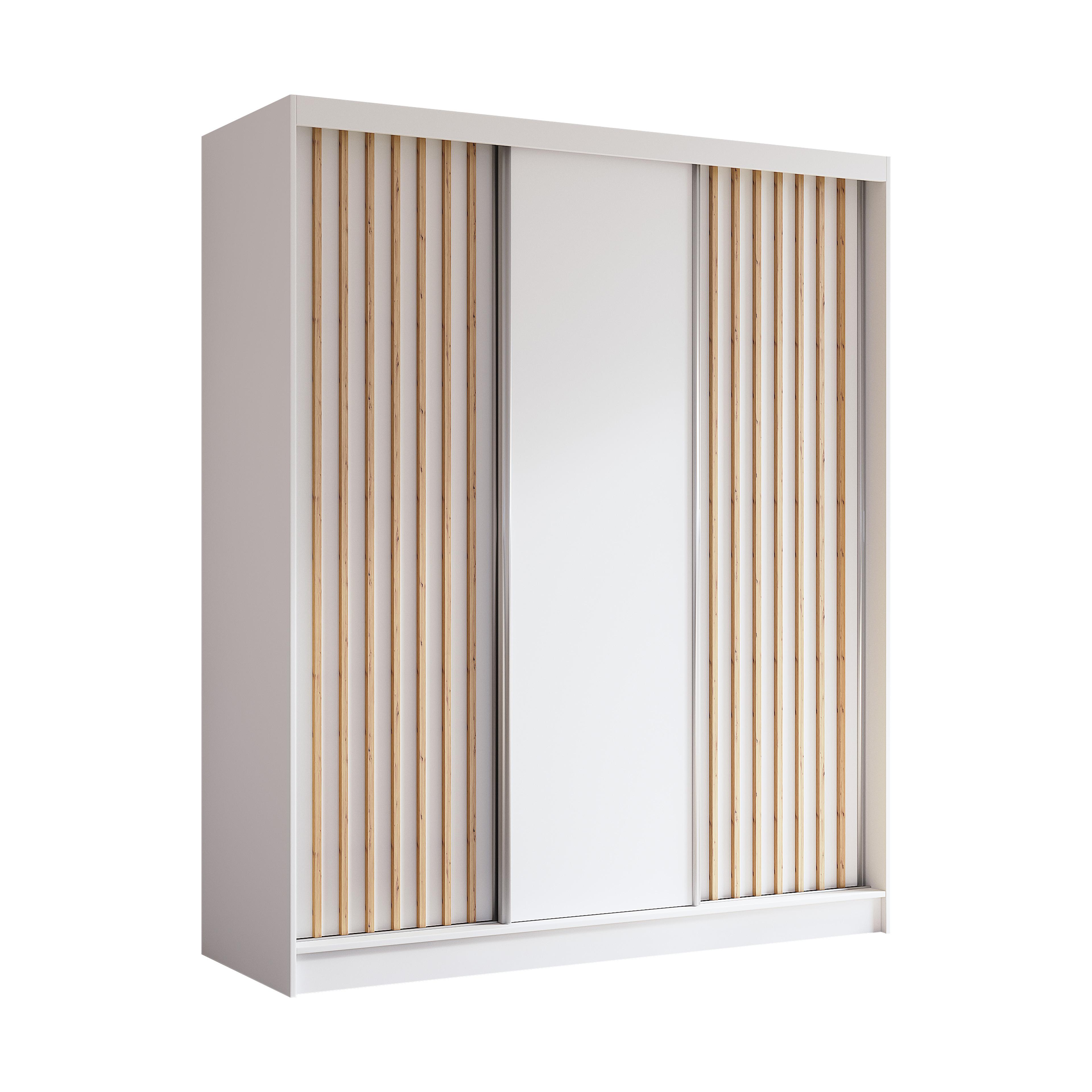 KLEIDERSCHRANK mit furnierten Schiebetüren und Aluminium-Leisten - LABELO - 180 cm Weiß+Weiß+Artisan - Weiß/Eiche Artisan, Holzwerkstoff (180/216/61cm) - ALTDECOR