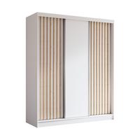 KLEIDERSCHRANK mit furnierten Schiebetüren und Aluminium-Leisten - LABELO - 180 cm Weiß+Weiß+Artisan - Weiß/Eiche Artisan, Holzwerkstoff (180/216/61cm) - ALTDECOR