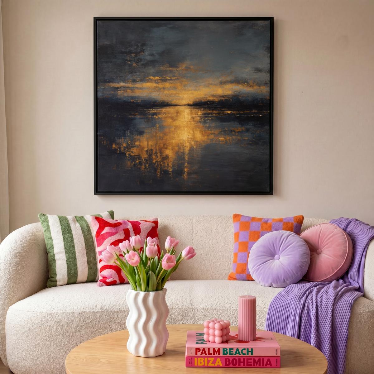 LEINWAND Bilder mit Rahmen - Goldene Reflexion auf dem Wasser - 90x90 - Anthrazit, Textil (90/90cm) - MuchoWow
