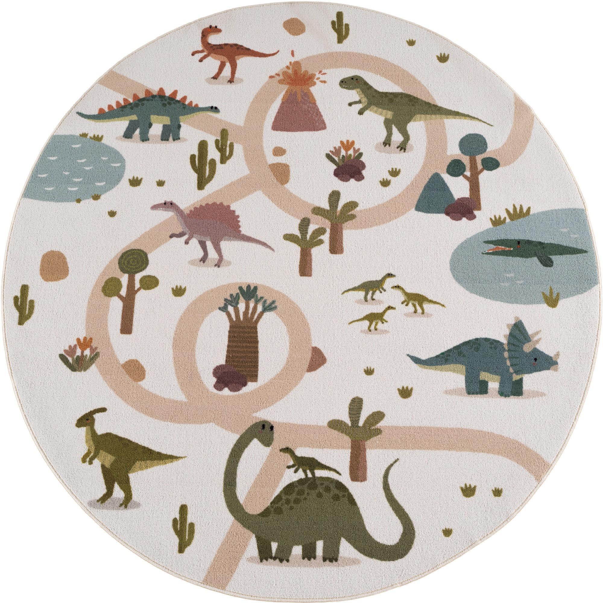 SPIELTEPPICH Waschbar TINO in Creme, mit Dino-Landschaft, Ø 200 cm - Beige, Textil (200/200cm) - KADIMA DESIGN