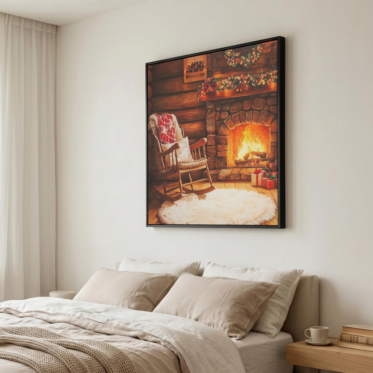 LEINWAND Bilder mit Rahmen - Winter - Weihnachten - Zuhause - Kamin - 90x90 - Bernsteinfarben, Textil (90/90cm) - MuchoWow