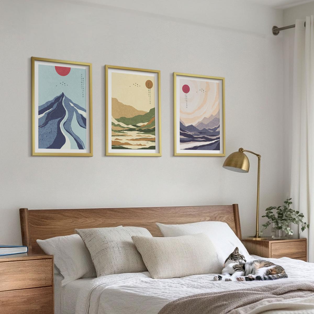 BILDER SET 3er Set - 40x60 cm Goldrahmen - Pastellfarbene Berge im Japandi-Stil - Goldfarben, Kunststoff (40/60cm) - TULUP