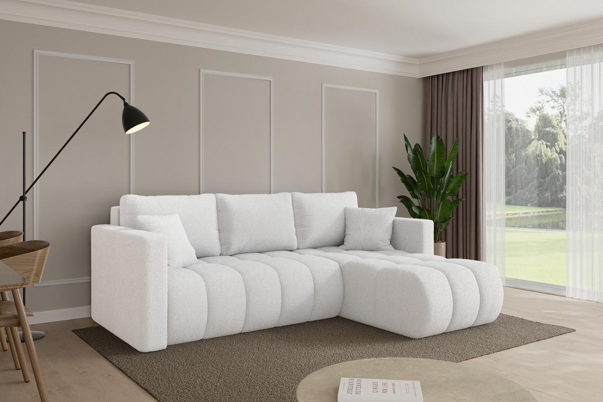 ECKSOFA mit Schlaffunktion Ottomane Rechts GARD-L 226x146x85 Weiß Bouclé - Schwarz/Weiß, Holzwerkstoff/Kunststoff (226/146cm) - ALTDECOR