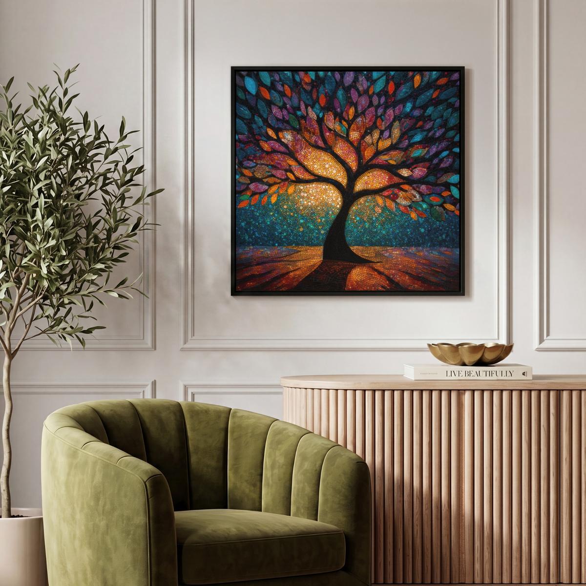 LEINWAND Bilder mit Rahmen - Mosaik - Bunt - Baum - Äste - 50x50 - Multicolor, Textil (50/50cm) - MuchoWow