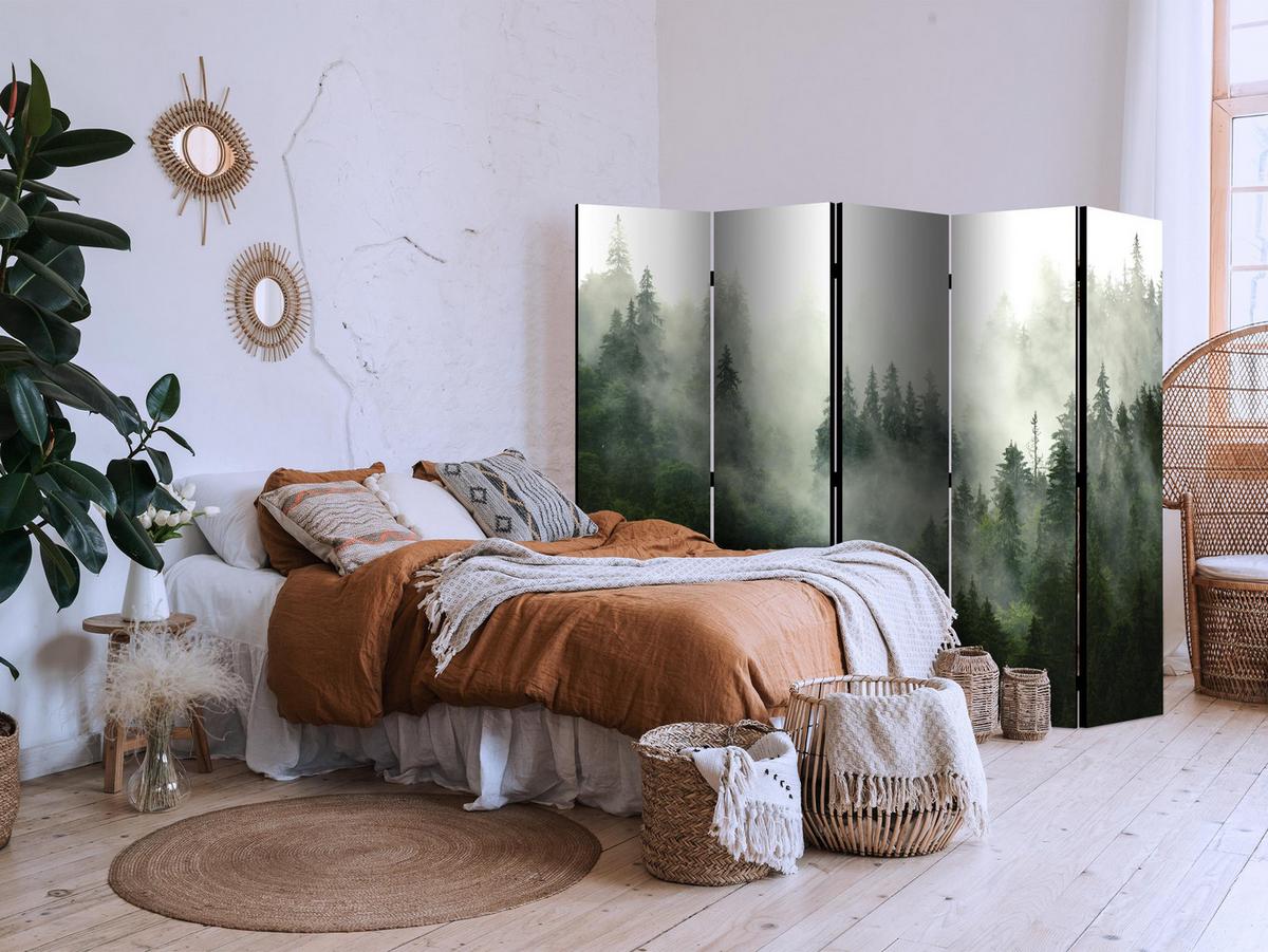 PARAVENT Einseitig Bedruckter 5-tlg 225x172 cm Wald Im Nebel Landschaft 3D - Grün, Holz/Textil (225/172/3cm) - Muralo