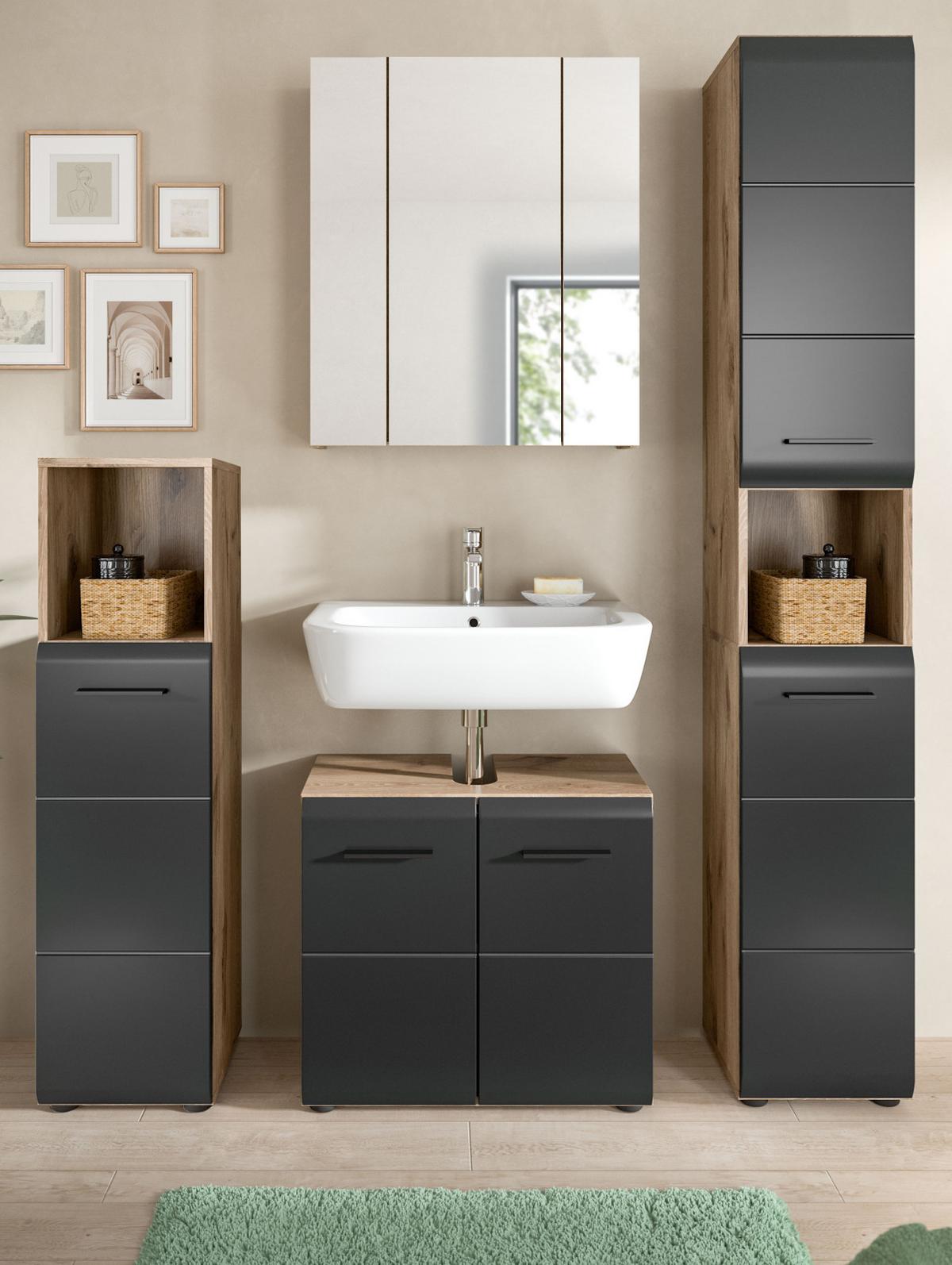 BADMÖBEL-SET Schwarz matt, Eiche Nox, Badezimmer 4-teilig 150 x 185 cm mit viel Stauraum - Eichefarben/Schwarz, Glas/Holzwerkstoff (150/185/30cm) - Inn.Furn