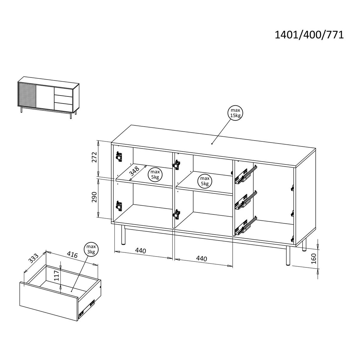 KOMMODE Terra mit 2 Türen und 3 Schubladen, Kaschmir/geölte Eiche - Kaschmir, Holzwerkstoff/Metall (140/77/40cm) - Beautysofa