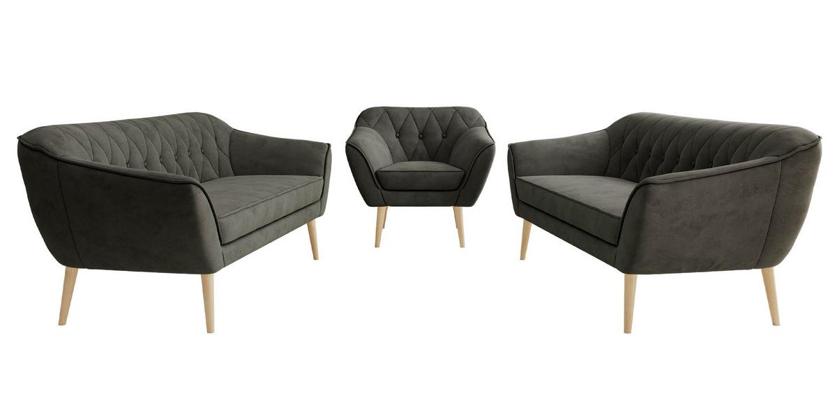 SITZGARNITUR PIRS 3+3+1 - Dunkelgrau Velvet - Holzbeine - Dunkelgrau/Buchefarben, Holzwerkstoff/Textil (180/75/74cm) - MKS