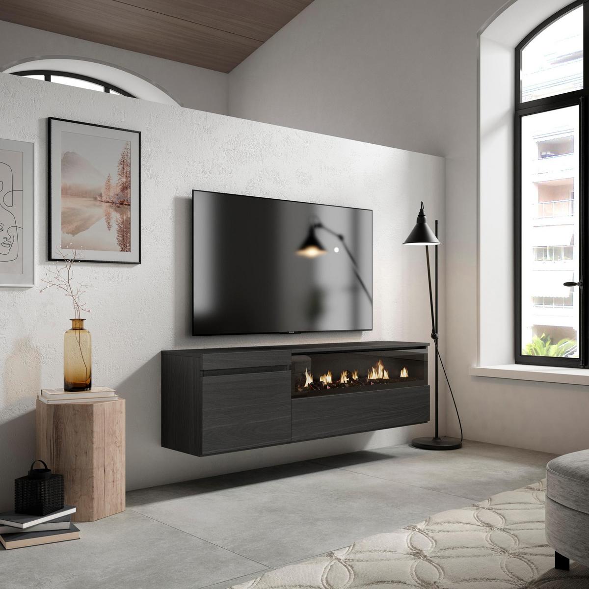 TV-SCHRANK mit Elektrokamin, schwarz, Hängend, 150/35/45cm - Schwarz, Holzwerkstoff (150/45/35cm) - Skraut Home