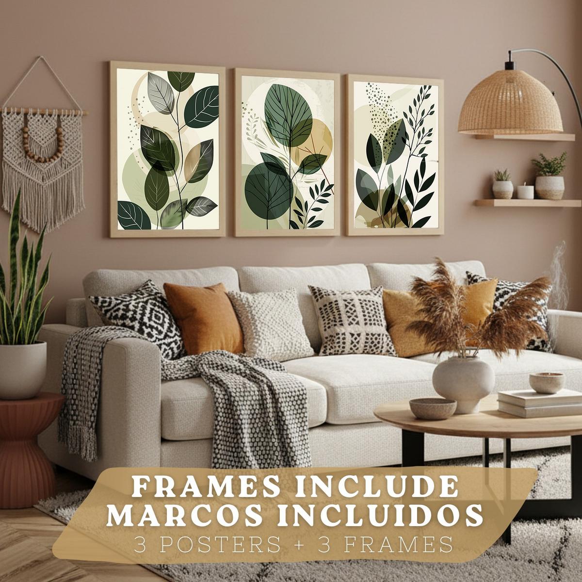 POSTER 3er Kunstdruck-Set Wandbilder Pflanzen Abstrakt modern Wohnzimmer Deko, Schlafzimmer, Küche, Badezimmer Leichter Holzrahmen A3 - Beige, Papier (29.7/1/42cm) - Nacnic