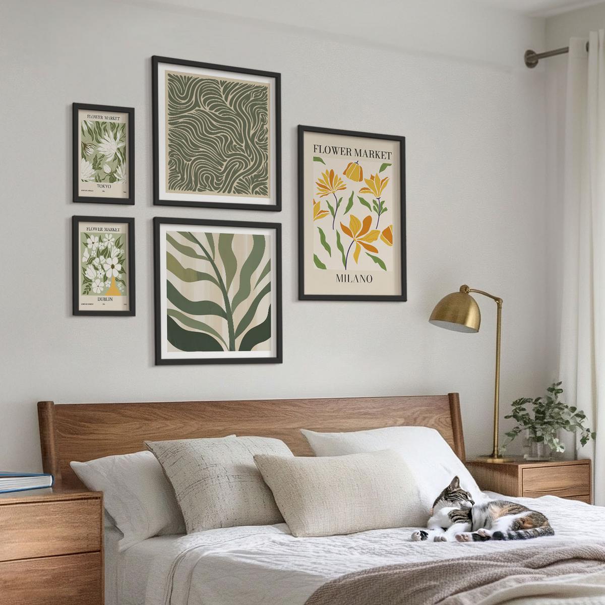 BILDER SET 5er Set - 50x50 cm & 20x30 cm & 40x60 cm Schwarzer Rahmen - Pflanzenmuster, Boho-Dekorationen - Schwarz, Kunststoff (40/60cm) - TULUP