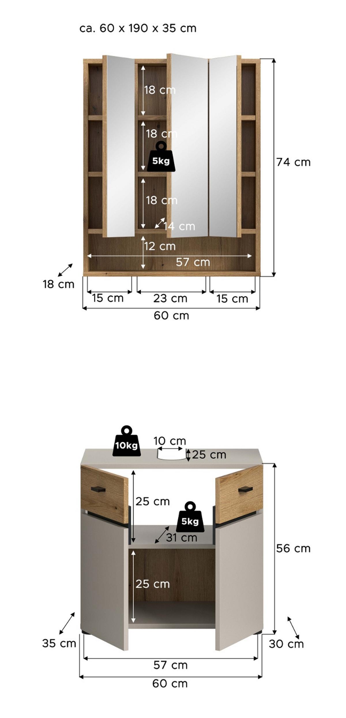 BADMÖBEL-SET Kaschmir, Evoke Eiche 2-teilig 60 cm, Badkombination in modernem Design - Kaschmir/Eichefarben, Glas/Holzwerkstoff (60/191/35cm) - Inn.Furn