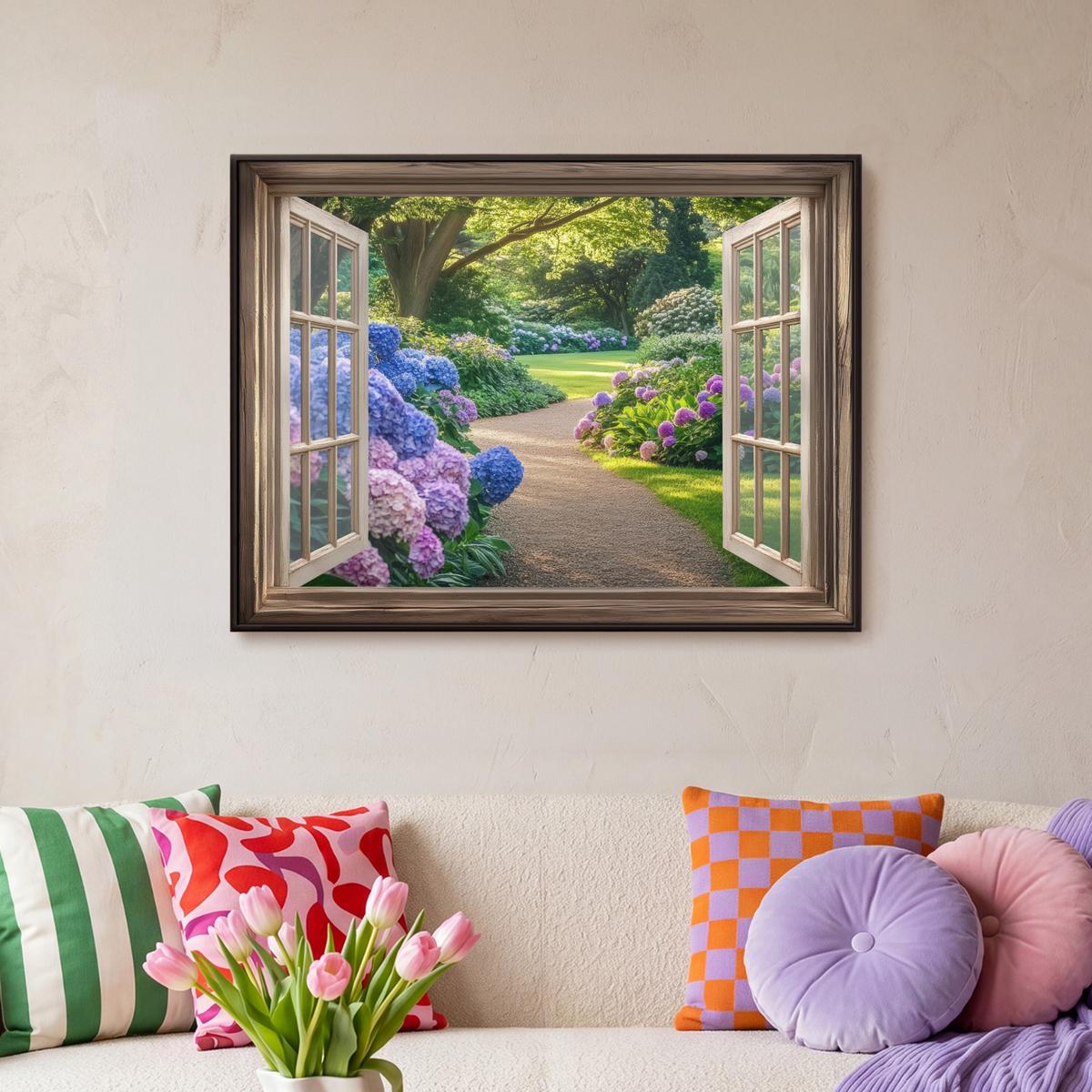 LEINWAND Bilder mit Rahmen - Aussicht - Garten - Fenster - Hortensie - Blumen - 80x60 - Pastellblau, Textil (80/60cm) - MuchoWow