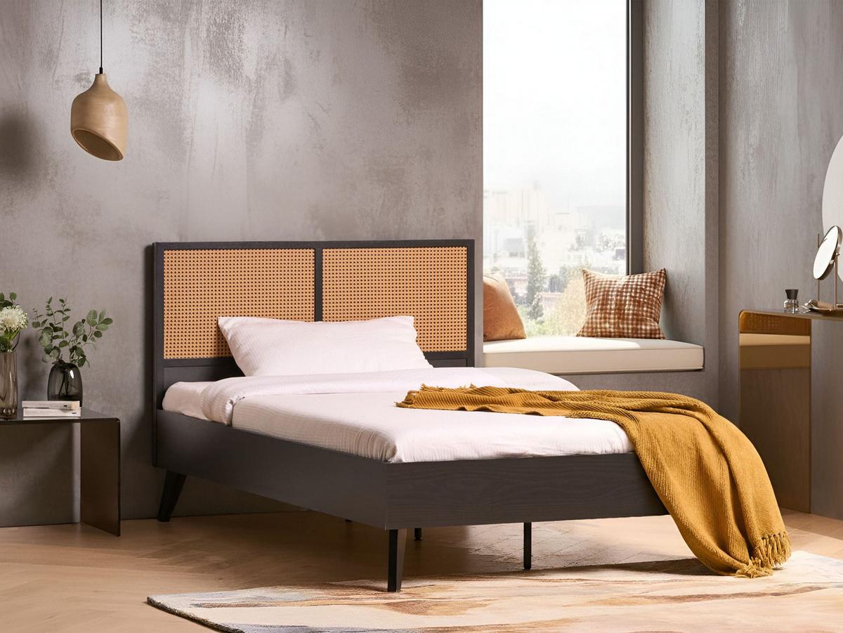 BETT mit Lattenrost 120/200 cm Faserplatte, PE Rattan Schwarz Monpazier - Schwarz, Naturmaterialien (120/200cm) - Beliani