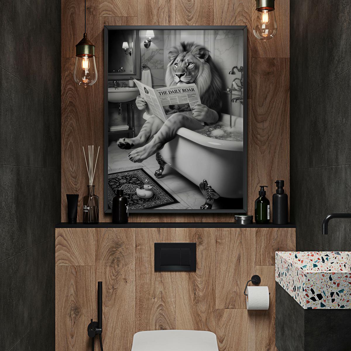 POSTER für Badezimmer WC LÖWE in Badewanne Zeitung Abstraktion 30x40cm - Schwarz/Weiß, Papier (30/40/1cm) - Muralo