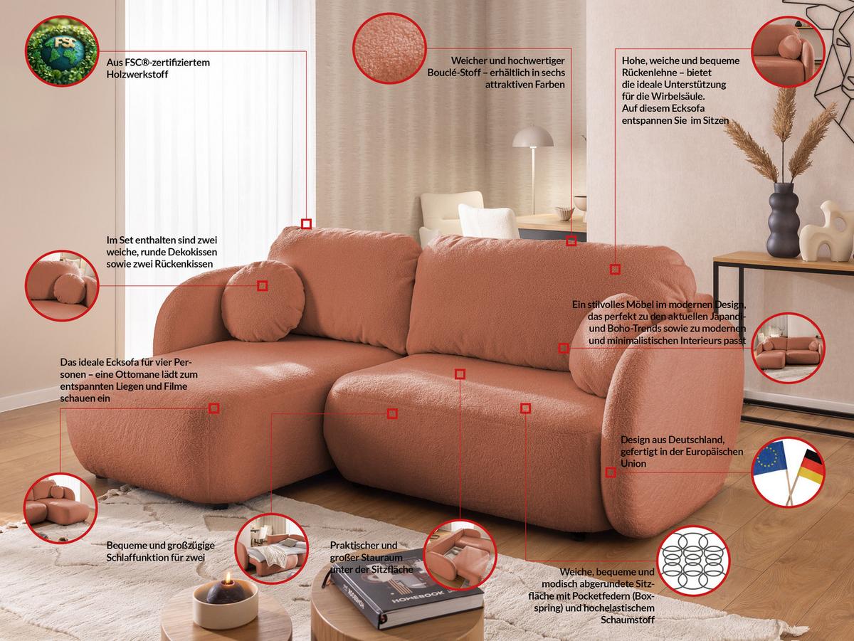 ECKSOFA Candy mit Schlaffunktion Terrakotta Bouclé-Stoff - Ottomane links - Rostfarben/Terracotta, Holz/Kunststoff (230/146cm) - S-Style Möbel