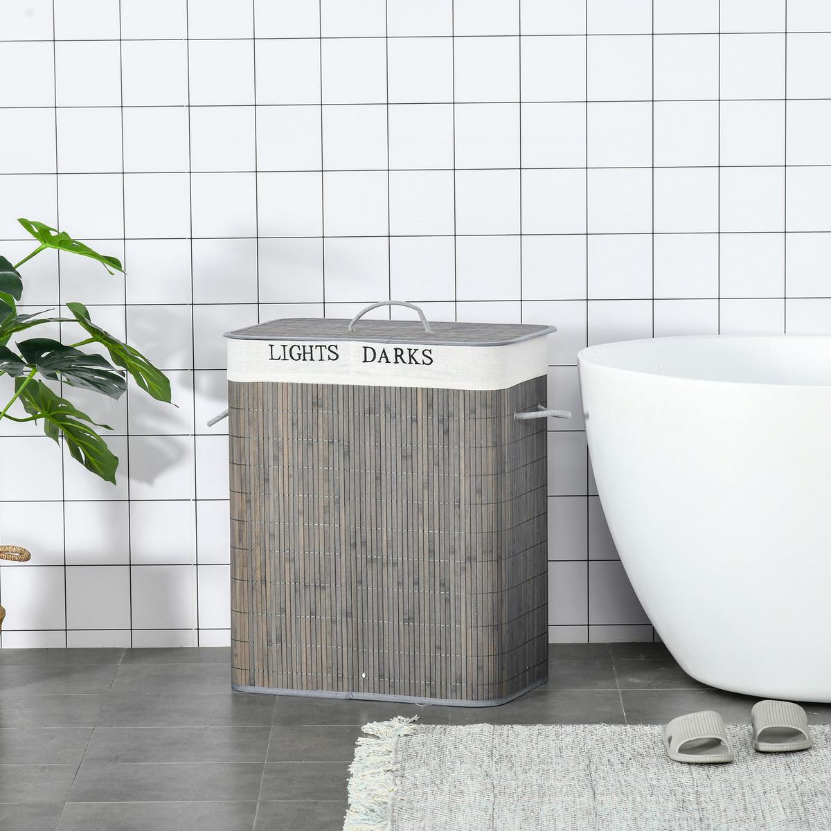 WÄSCHEKORB schmal mit Deckel 100L, Badezimmer, Bambus, Grau - Grau, Naturmaterialien (32/63/52cm) - HOMCOM