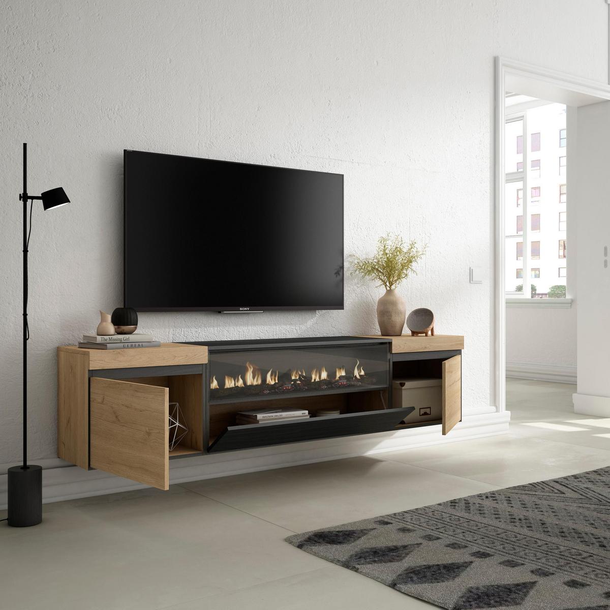 LOWBOARD mit Elektrokamin, Hängend, Eiche, Schwarz, 200/35/45cm - Eichefarben/Naturfarben, Holzwerkstoff (200/45/35cm) - Skraut Home