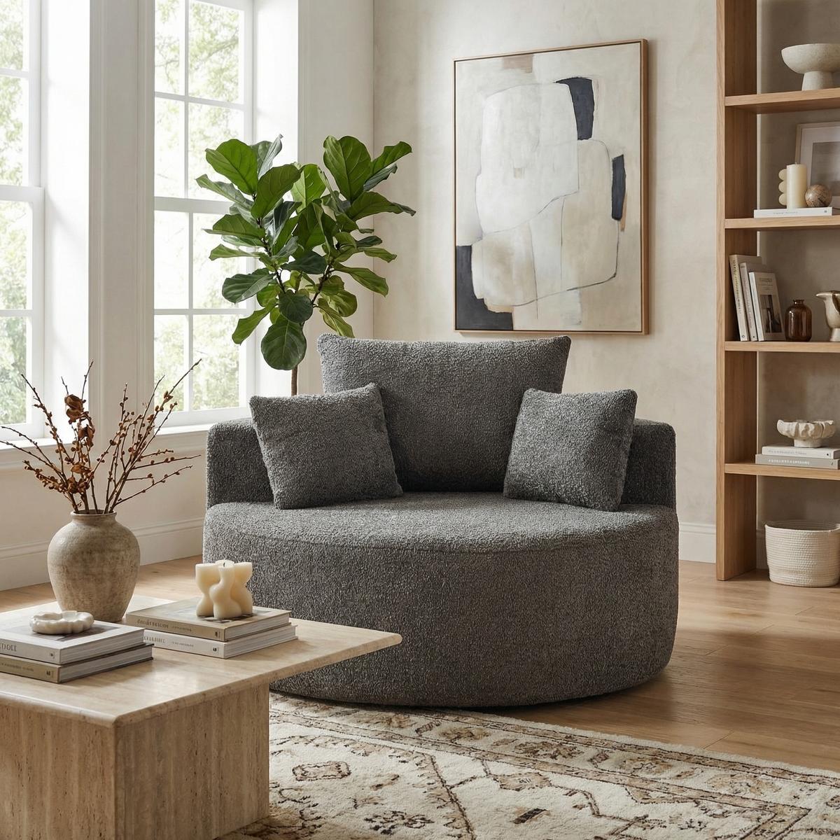 SESSEL XXL 127x127 cm Grau aus Chenille, Keine Montage - Grau, Textil (127/85/127cm) - Urban Meuble