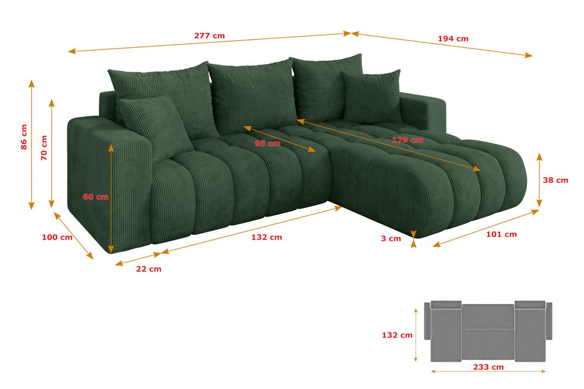 ECKSOFA mit Schlaffunktion Ottomane Rechts MILA-L-v1 277x195x86 Grün Cord - Dunkelgrün/Schwarz, Holzwerkstoff/Kunststoff (277/194cm) - ALTDECOR