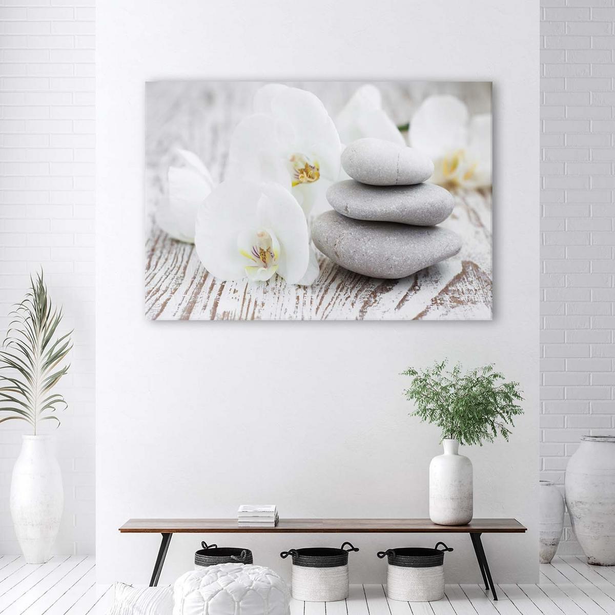BILD Weiße Orchidee und Steine 90x60cm - Grau, Textil (90/60cm) - Feeby