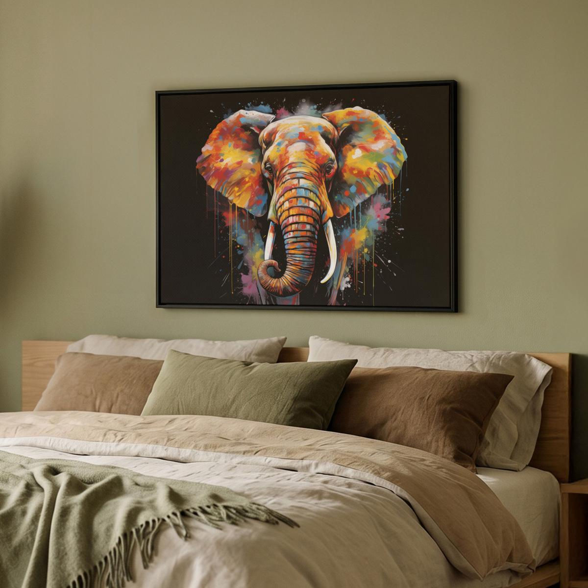 LEINWAND Bilder mit Rahmen - Elefant - Graffiti - Schwarz - Tiere - Farben - 70x50 - Schwarz, Textil (70/50cm) - MuchoWow
