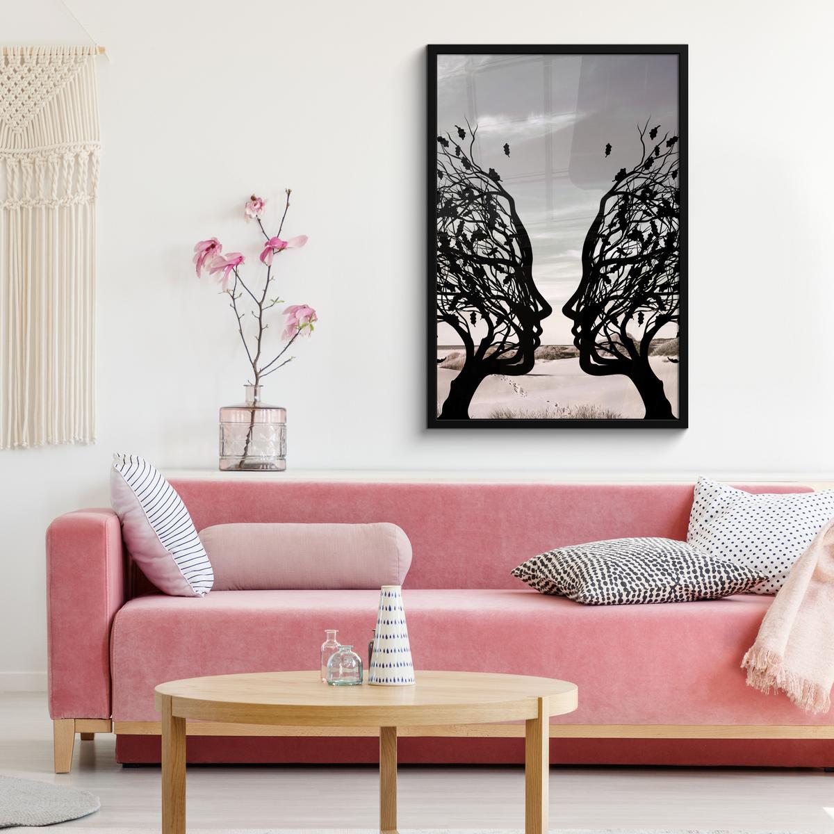 POSTER MIT RAHMENGERAHMTES BILD Strand - Meer - Menschen - Baum - Moderne Kunst 60x90 cm - Hellgrau, Papier (60/90cm) - MuchoWow