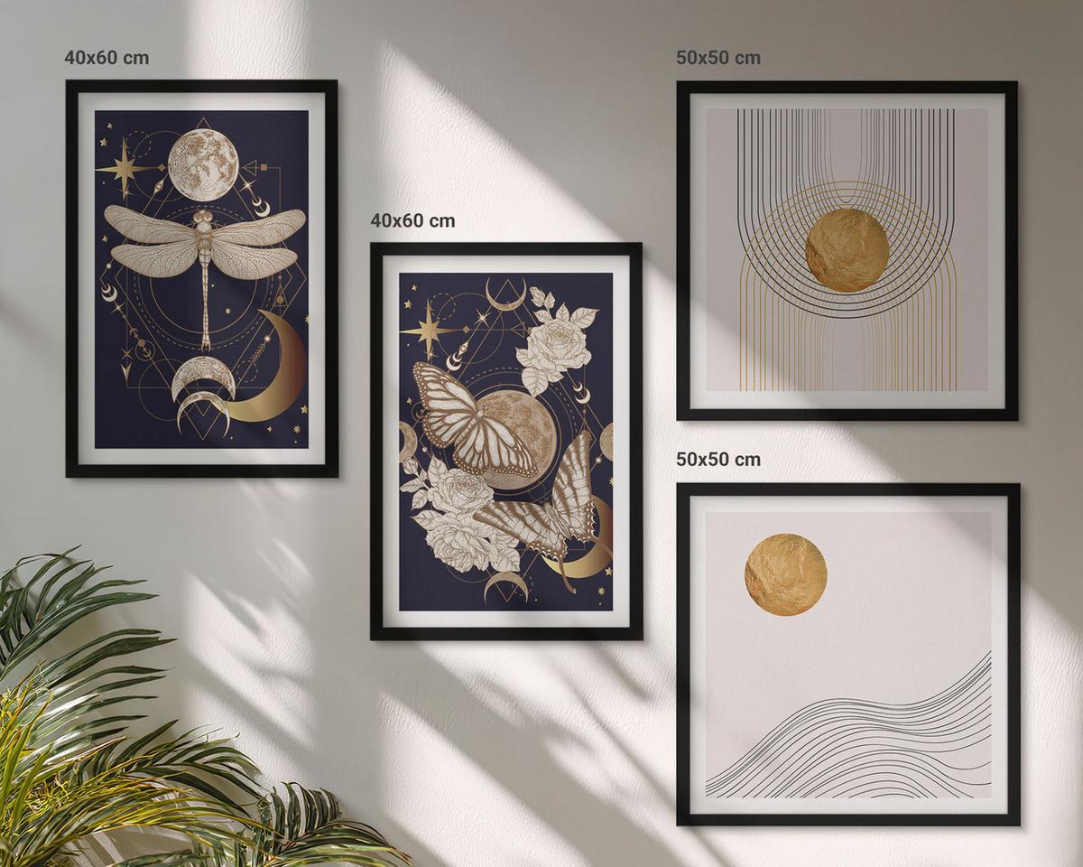 BILDER SET 4er Set - 50x50 cm & 40x60 cm Schwarzer Rahmen - Naturmotive mit dem Mond - Schwarz, Kunststoff (50/50cm) - TULUP