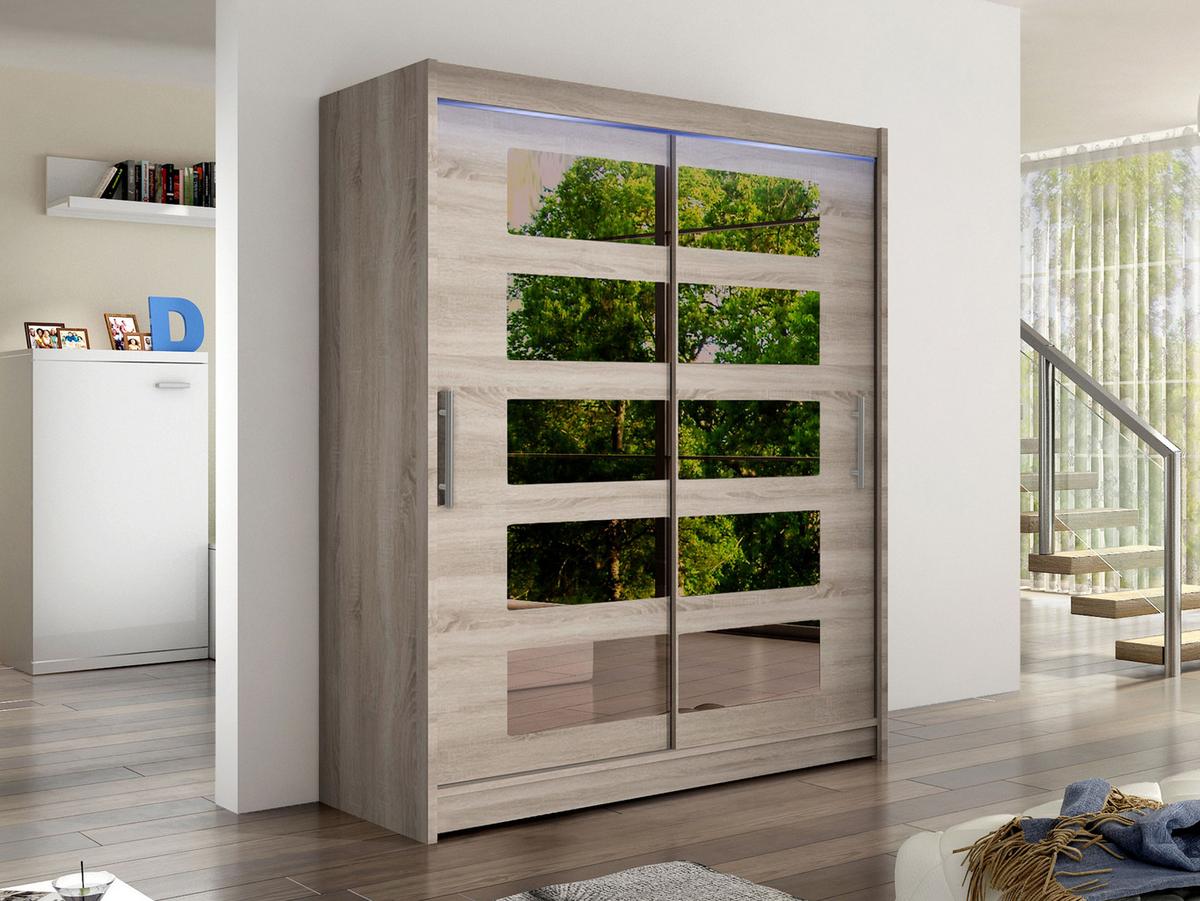 SCHWEBETÜRENSCHRANK Westa V, mit RGB LED Beleuchtung - Silberfarben/Trüffeleichefarben, Holzwerkstoff/Metall (150/200/58cm) - MIRJAN24