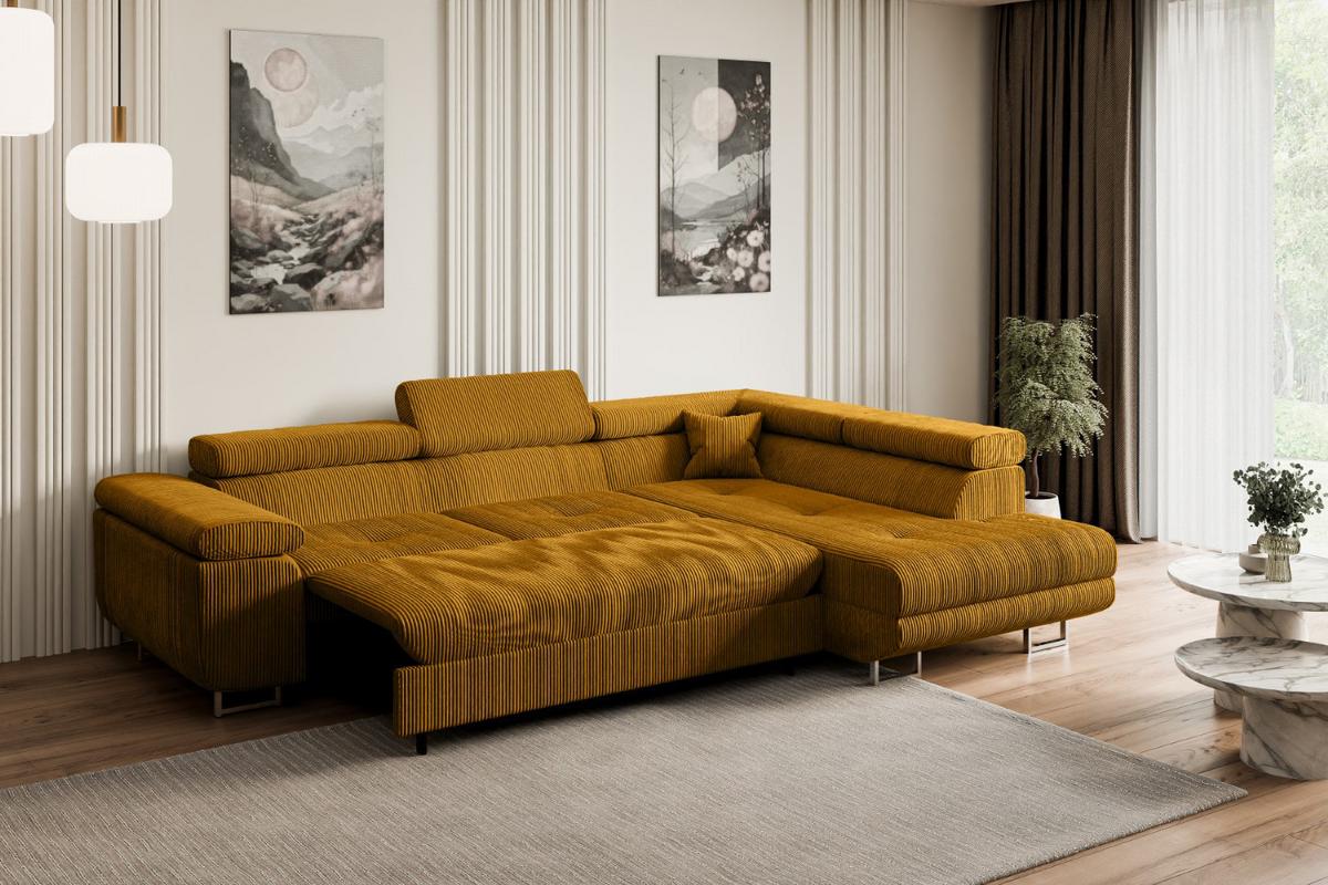 ECKSOFA mit Schlaffunktion und Bettkasten GUSA-L 272x202x107 cm Senfgelb Cord - Gelb/Silberfarben, Holzwerkstoff/Textil (272/202cm) - ALTDECOR