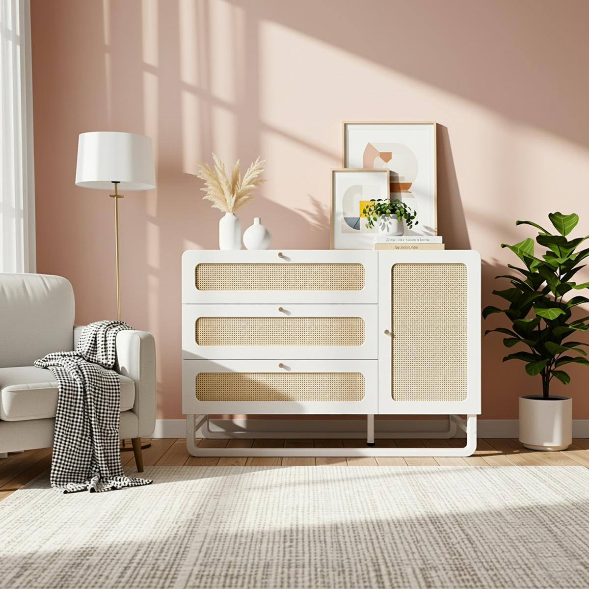 KOMMODE 120 cm in Weiß & Rattan-Optik Sideboard mit 3 Schubladen - Weiß, Holzwerkstoff/Metall (120/85/40cm) - Urban Meuble