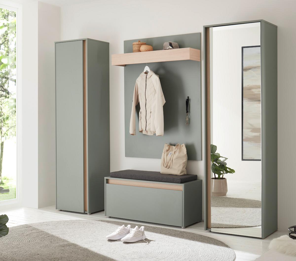 GARDEROBE Komplett-Set 5-teilig in Salbei Grün mit Eiche, Flurgarderobe 230 x 200 cm, inkl. Sitzkissen - Salbeigrün/Eichefarben, Glas/Holz (230/200/40cm) - Furn.Design
