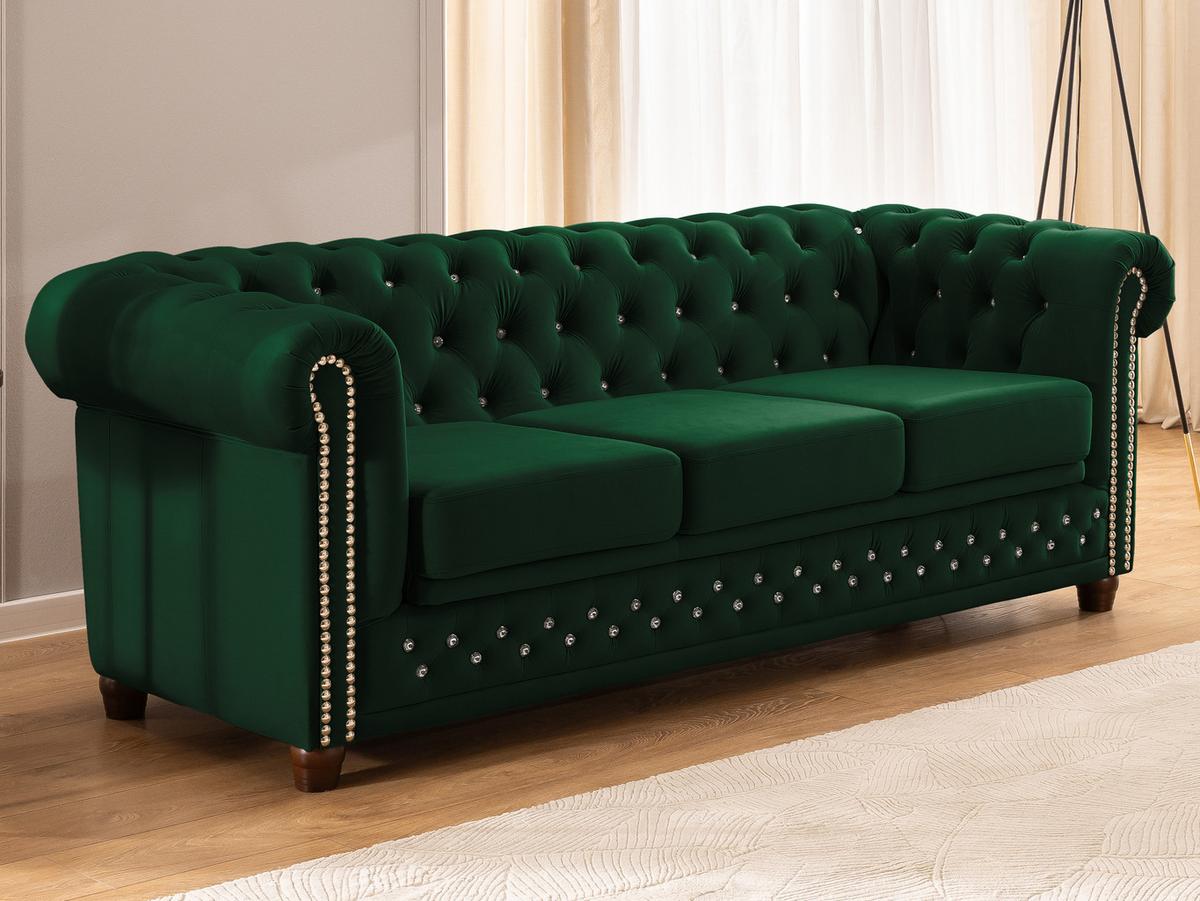 CHESTERFIELD-SOFA 3-Sitzer mit Schlaffunktion Cleo Blink Flasche Grün Samt mit Kristallsteppung und braunen Massivholzfüßen - Braun/Grün, Holz/Textil (203/72/86cm) - S-Style