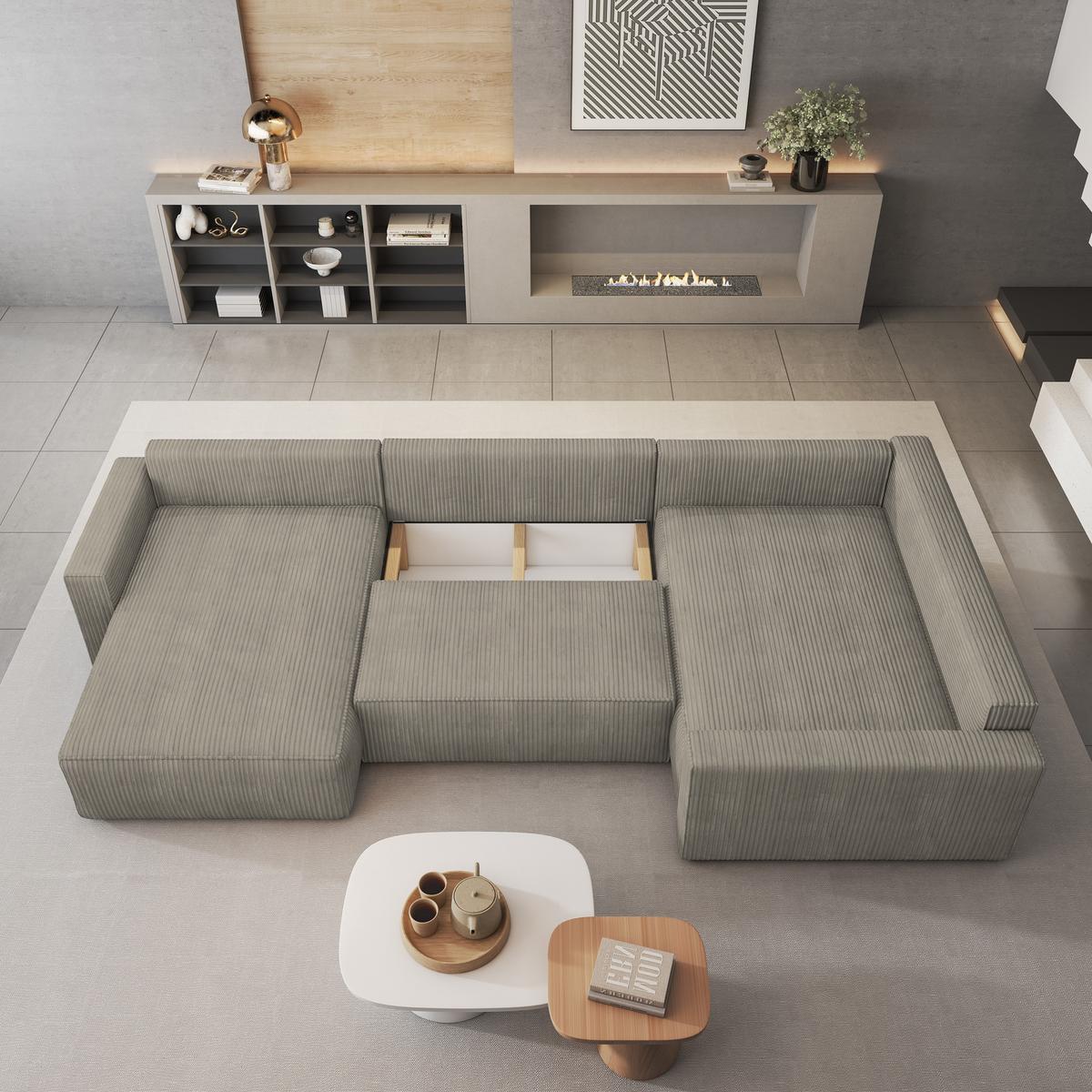 WOHNLANDSCHAFT VELAMI R-S Beige Kordstoff mit Schlaffunktion - Beige, Holz (365/83/194cm) - MASSENO