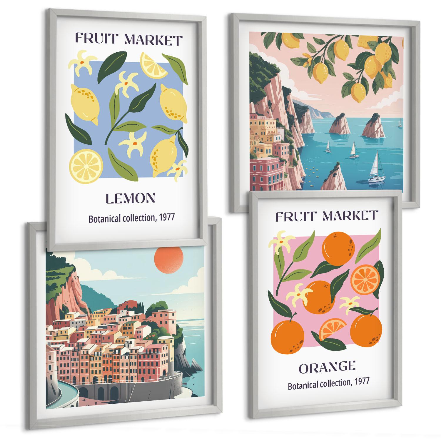 BILDER SET 4er Set - 50x50 cm & 40x60 cm Silberner Rahmen - Obstposter Zitronen Orangen - Silberfarben, Kunststoff (50/50cm) - TULUP