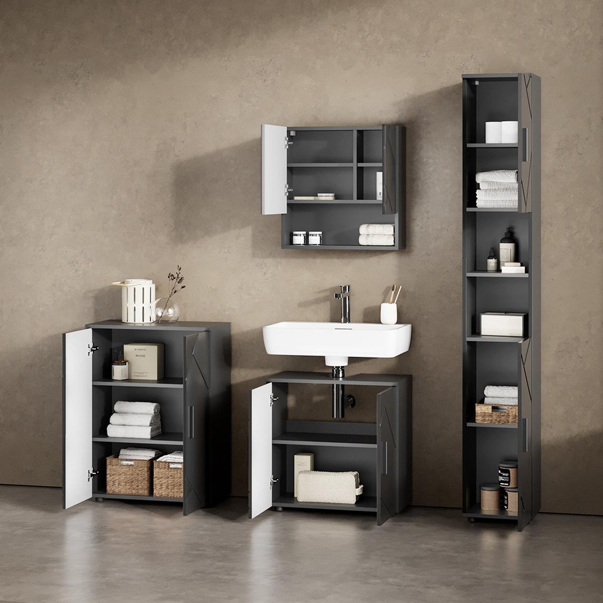 BADMÖBEL-SET Ronco Anthrazit Hochglanz 4 Teile, mit Hochschrank und Kommode - Schwarz Hochglanz, Holzwerkstoff (60/192/30cm) - Livinity®