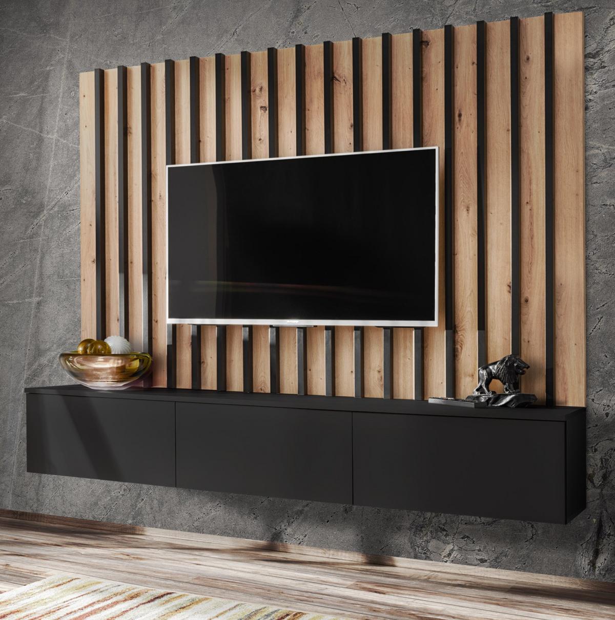 TV LOWBOARD schwarz, Artisan Eiche 180 cm, Set TV-Board inkl. Akustik Wandpanel, Push-to-Open - Schwarz/Eiche Artisan, Holzwerkstoff (180/148/35cm) - Furn.Design
