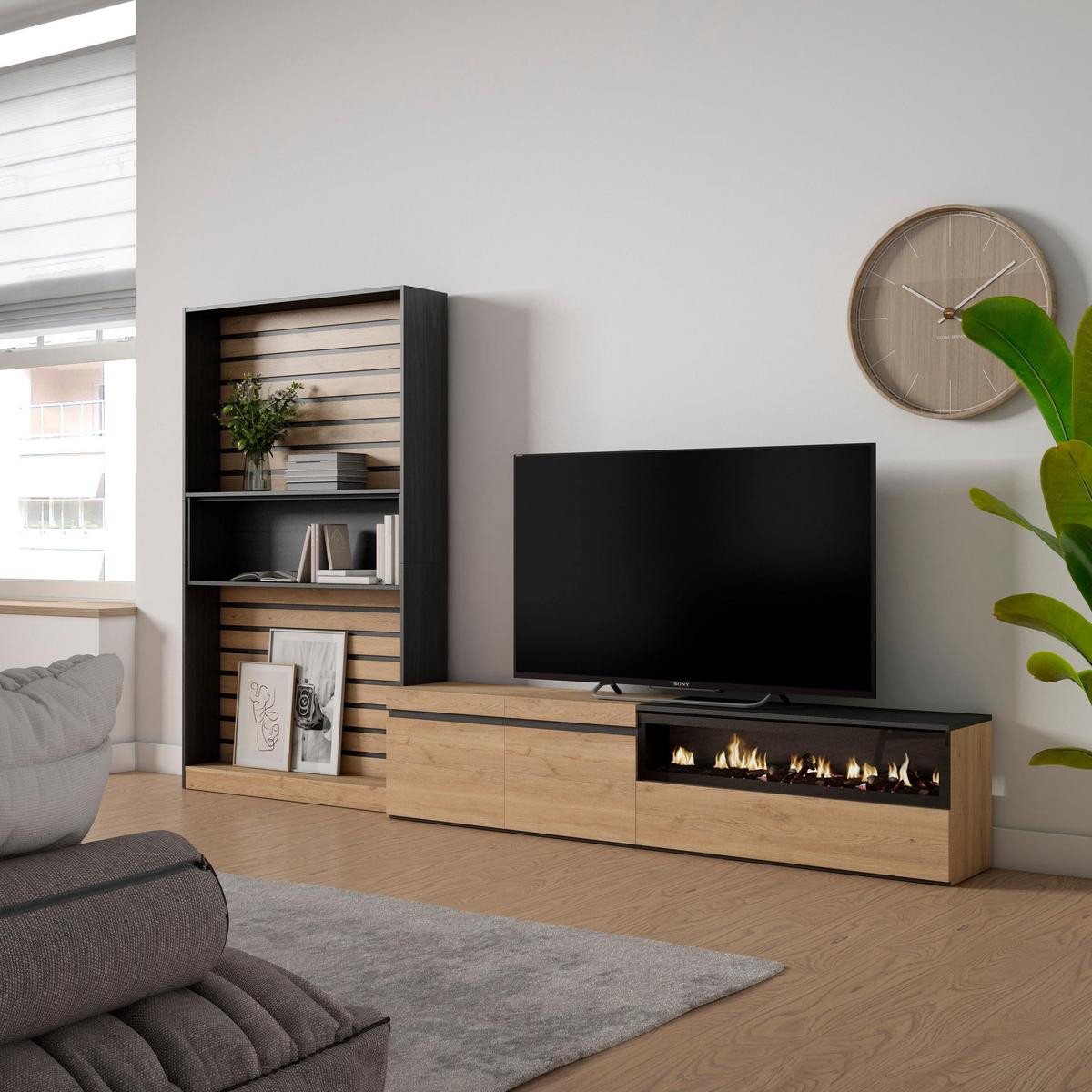 WOHNWAND Wohnzimmer, eiche, schwarz, Elektrokamin,, 310/35/186cm - Eichefarben/Beige, Holzwerkstoff (310/186/35cm) - Skraut Home
