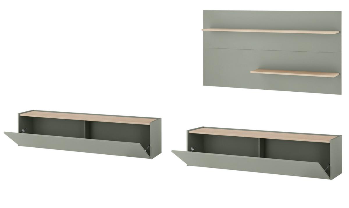 WOHNWAND in Salbei Grün mit Eiche, Wohnzimmer Fernsehschrank mit 300 cm TV Lowboard, gesamt 300 x 190 cm - Salbeigrün/Eichefarben, Holz/Holzwerkstoff (300/190/30cm) - Furn.Design
