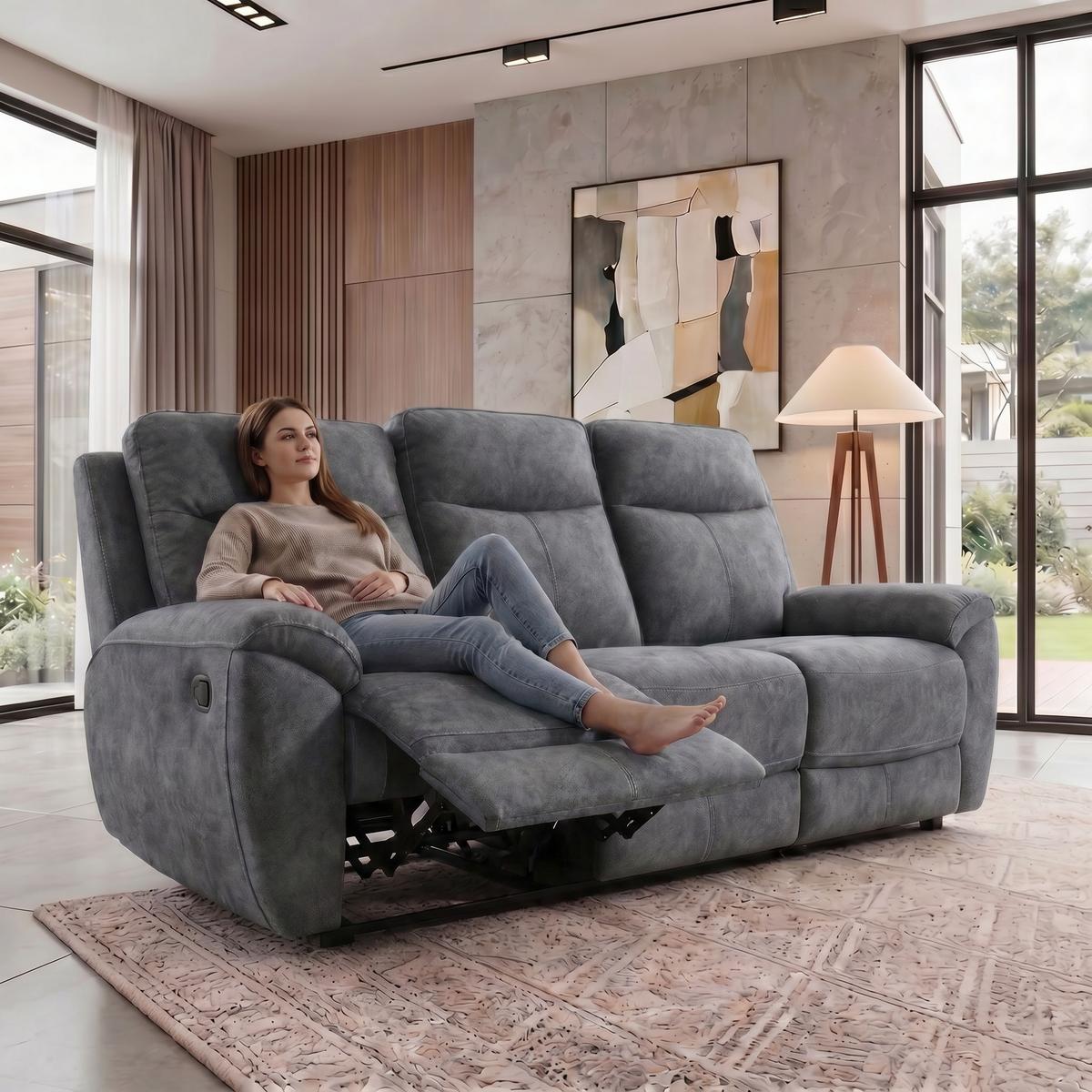 3-SITZER-RELAXSOFA Dolce, mit Relaxfunktion, 215 cm, Dunkelgrau, Velours - Dunkelgrau, Textil (215/106/100cm) - Beautysofa