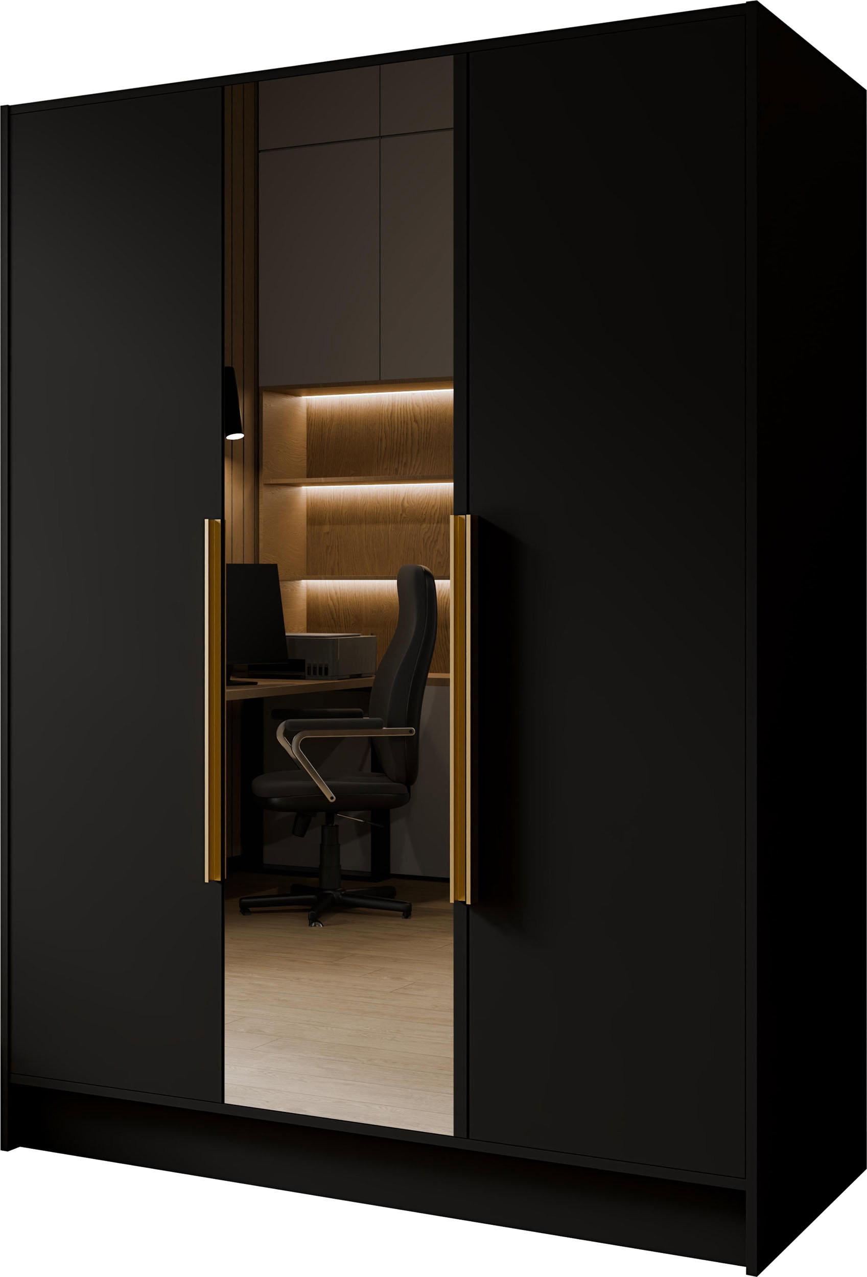 KLEIDERSCHRANK Mono Lux mit Speigel, Drehtüren mit Goldene Metallgriffe, Schwarz 150/200/51 cm - Goldfarben/Schwarz, Holzwerkstoff (150/200/51cm) - WFL GROUP