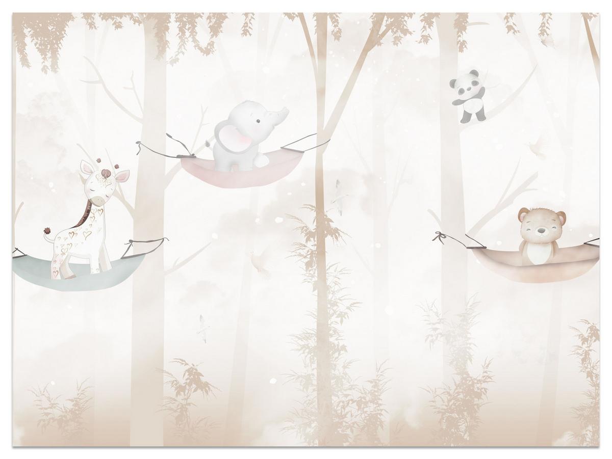FOTOTAPETE für Kinderzimmer Tiere Hängematten WALD Elefant Giraffe 400x280 - Beige/Schwarz, Papier (400/280cm) - Muralo