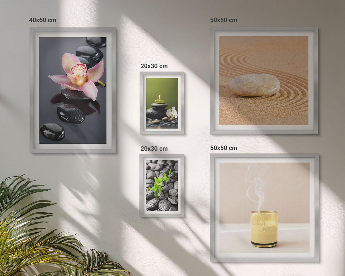 BILDER SET 5er Set - 50x50 cm & 20x30 cm & 40x60 cm Silberner Rahmen - Der Frieden der Natur mit Buddha - Silberfarben, Kunststoff (40/60cm) - TULUP