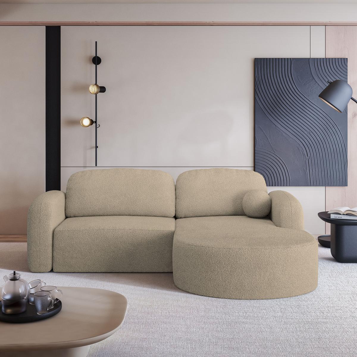 ECKSOFA AMILIA R-S Beige Boucle-Stoff mit Schlaffunktion - Beige, Holz (263/174cm) - MASSENO